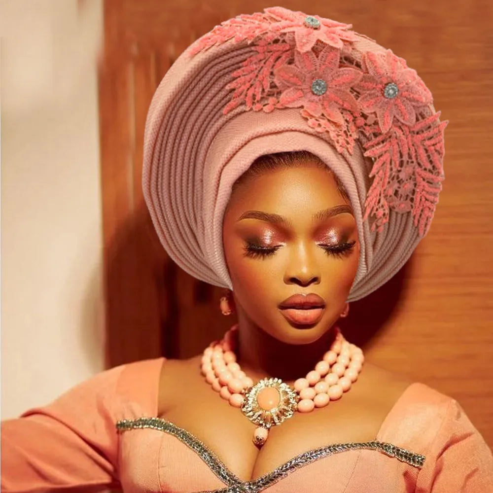 Elegant African Autogele Women's Turban Cap Nigeria Wedding Gele Ready to Wear Headtie with Embroidery Lace Party Headwear