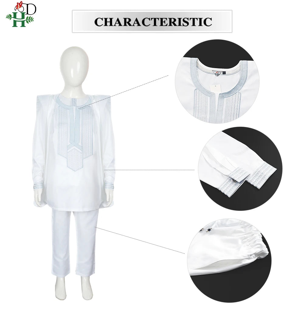2025 New African Traditional Clothes For Kids Boy White Blue 3 PCS Set Long Sleeve Tops Embroidery Dashiki Robe Shirt Pant Child