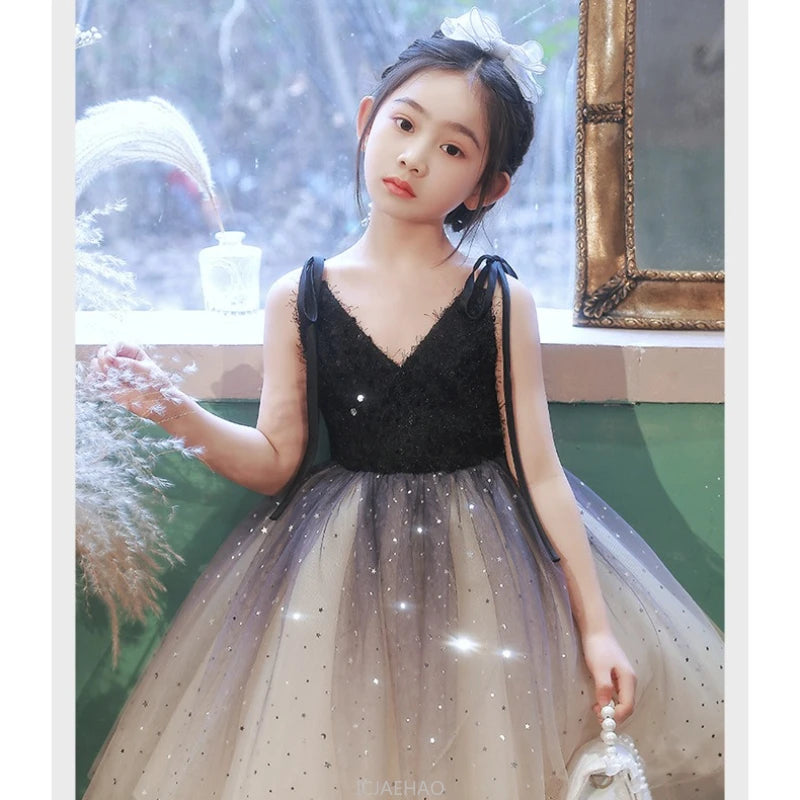 Teen Girl Clothes New Girls Strappy Tie Princess Dress Casual Fashion Kids School Event Host Gown Daily Wear Party Outfit Summer