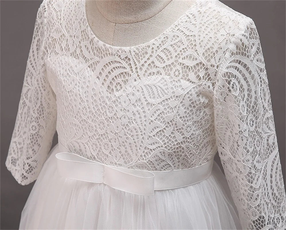 Elegant Dress For Teenage Girl Lace White Long Sleeve Wedding Princess Dresses For Children Prom First Communion Long Puffy Gown