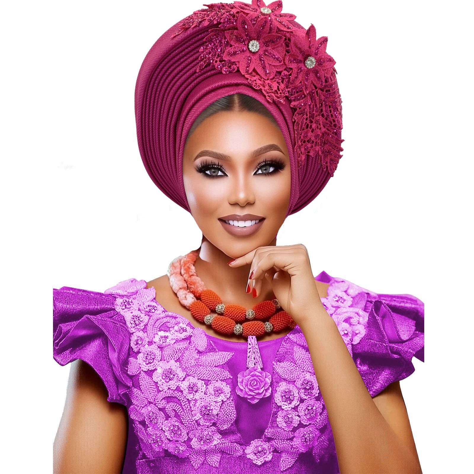 Elegant African Autogele Women's Turban Cap Nigeria Wedding Gele Ready to Wear Headtie with Embroidery Lace Party Headwear