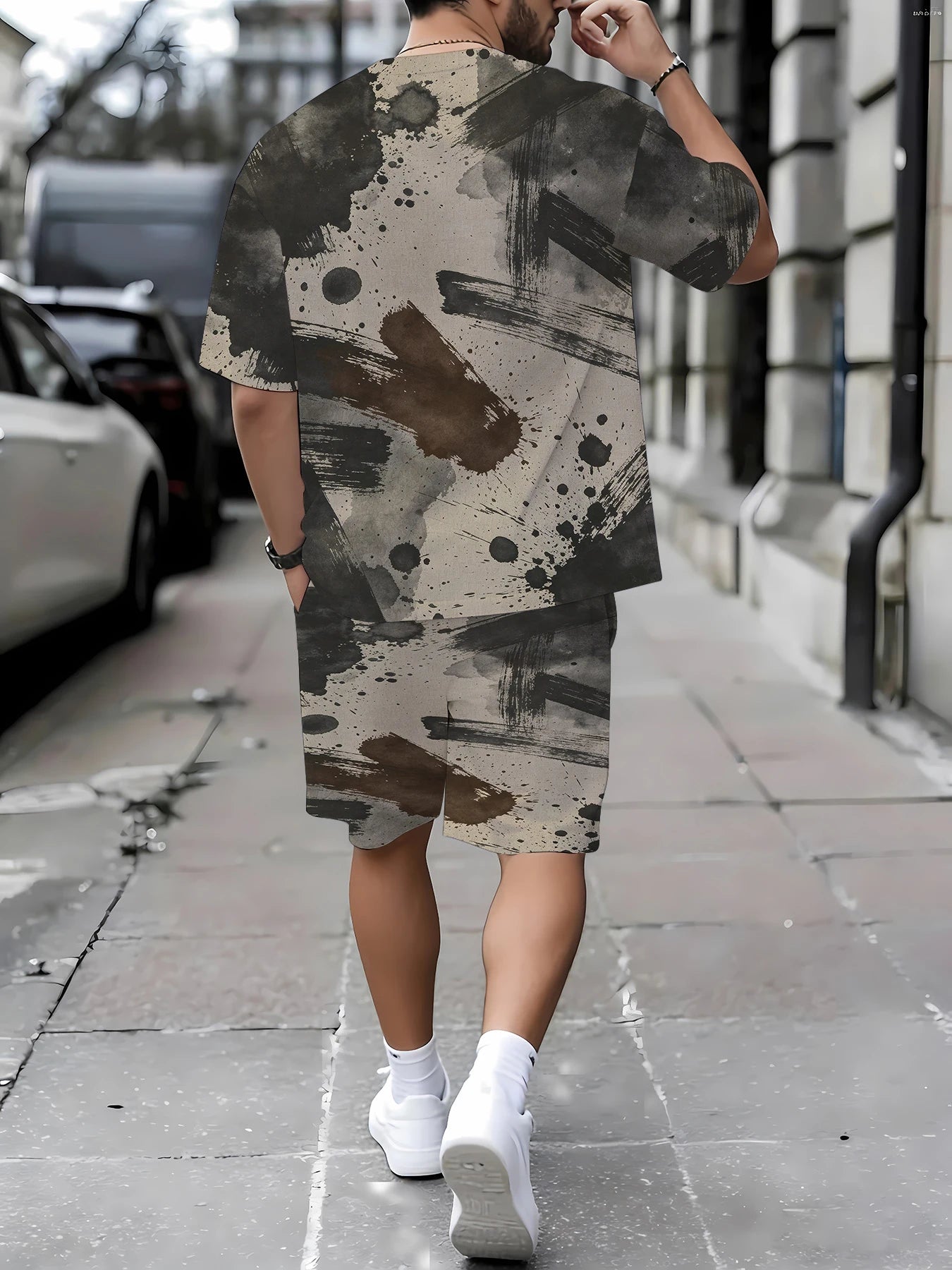 Summer Men's 2-Piece Print Set Casual Loose T-Shirt & Elastic Waist Shorts Outfit