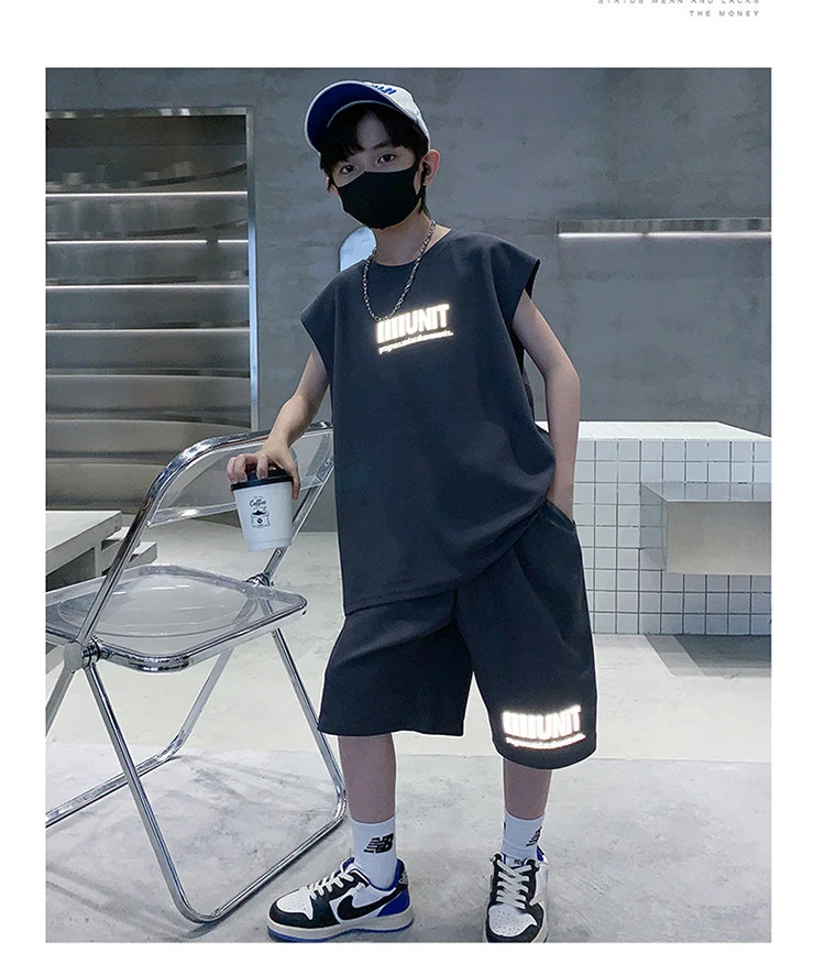 Teenage Summer Tracksuit for Boy with Shorts Tshirt 2 Piece Top and Bottom Clothes Set Kids Child Casual Cotton Outfit Suit Wear