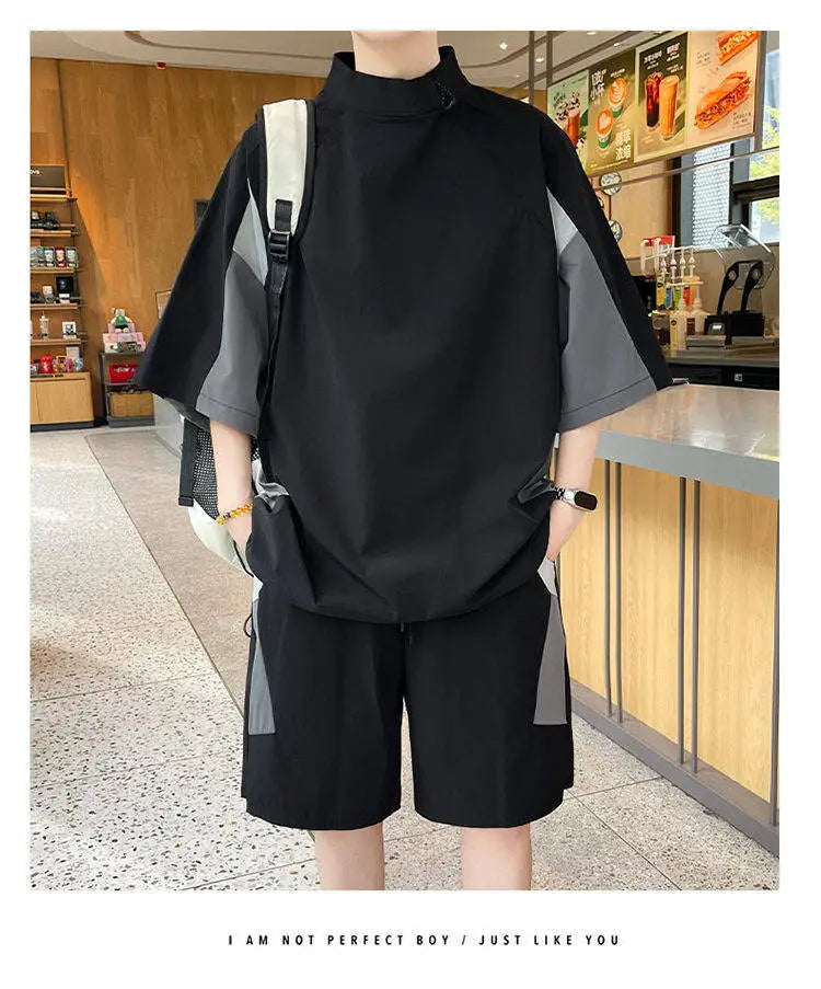 【T-Shirt + 5-Point Shorts】Men's T-Shirt Set Summer Fashion Nylon Blend Diagonal Neck Streetwear Sports Leisure Two-Piece Suit
