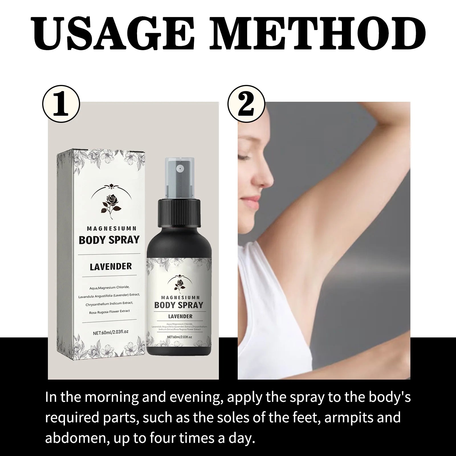 Magnesium Body Spray 60ml with Lavender Relax Muscles Improve Sleep, Natural Magnesium Chloride Flower Extracts, Fast Absorption