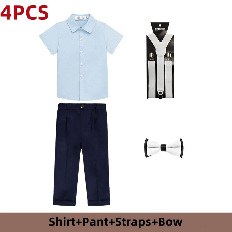 Kid Formal Strap Shirt Shorts Bowtie Clothing Set Gentleman Baby Toddler Tracksuit Elegant Boys Outfit Suit For Wedding Children