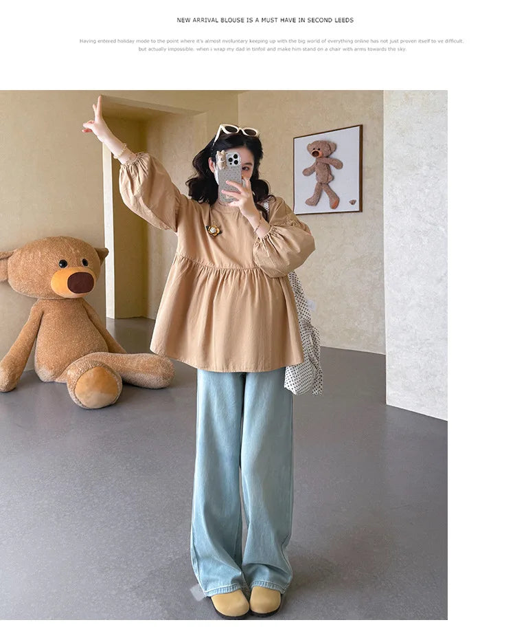 Maternity Blouse Spring Autumn Flower Round Neck Puff Long Sleeve Tops For Pregnant Women 2026 Loose Comfortable