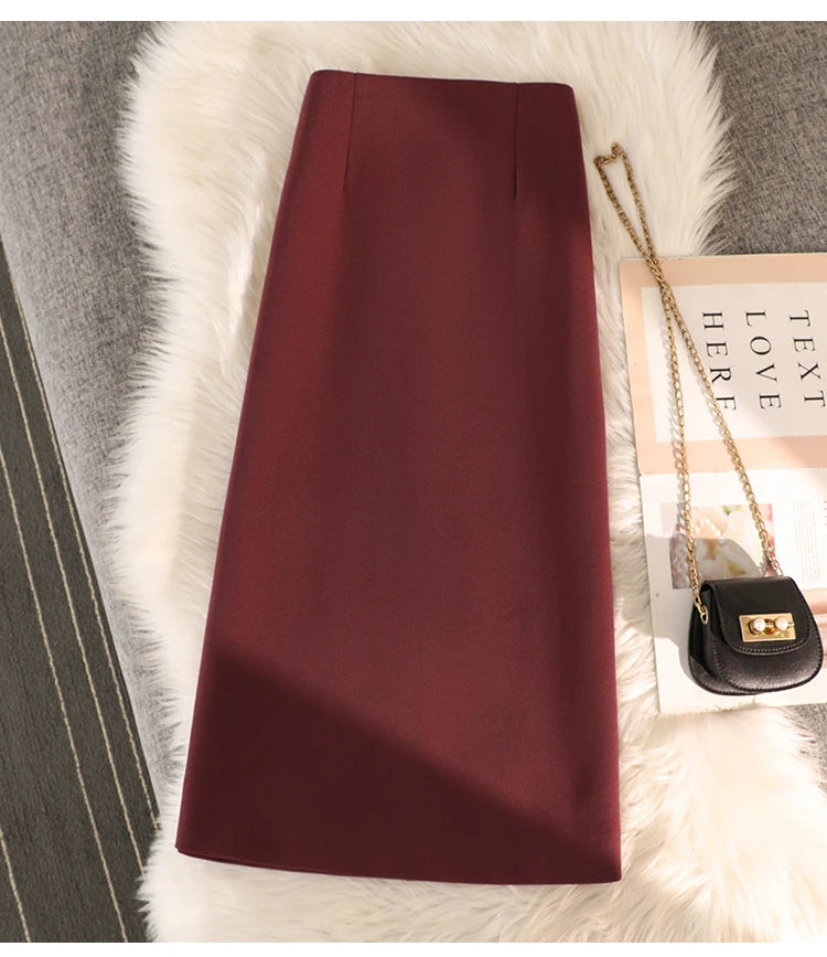 Elegant Office Ladies Work Suit Straight Skirt Women Autumn Winter Korean Fashion High Waist Split Business Midi Long Skirts