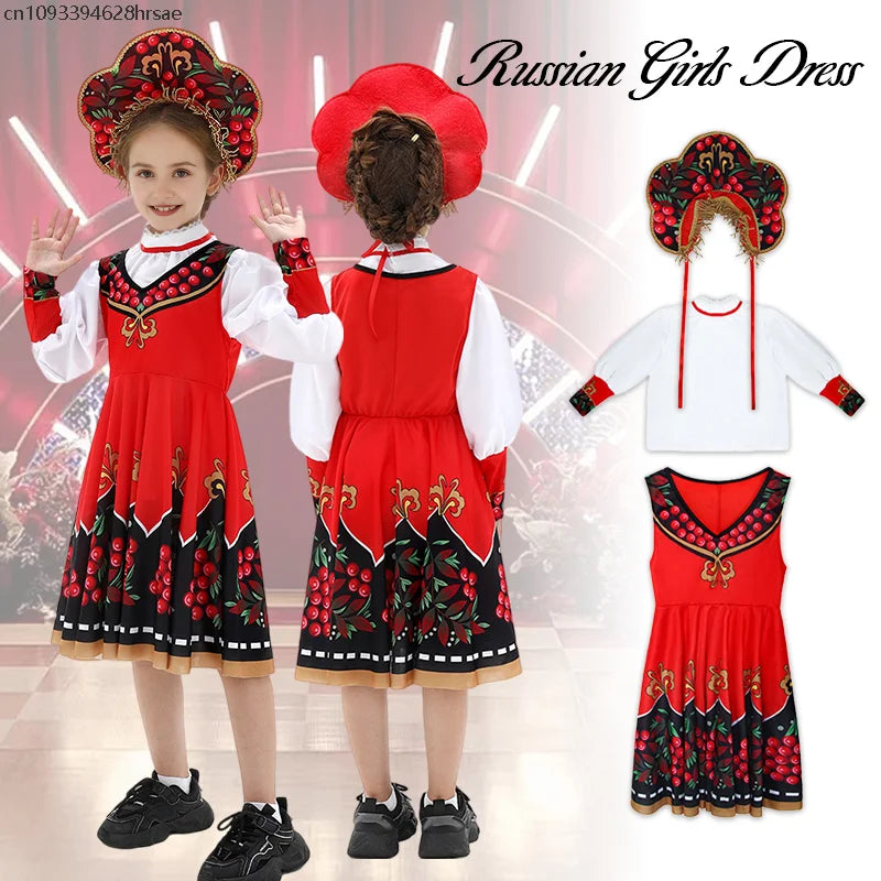 Russian Children Traditional Folk Dance Dress Girls Princess Clothing Tops dress Headwear Carnival Stage Performance Costume