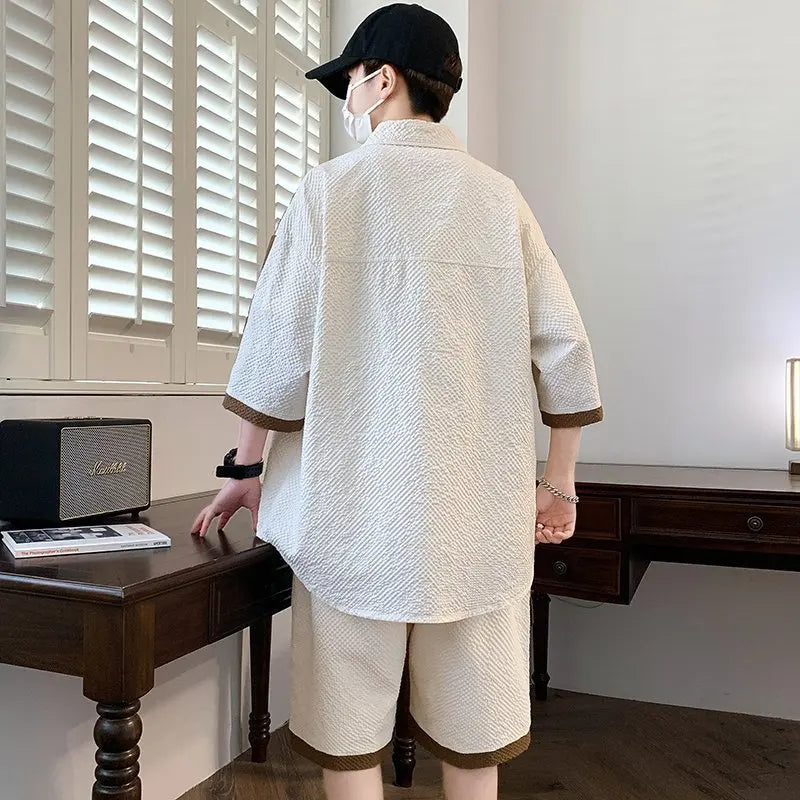 Men's 2 Piece Matching Set Short Sleeve Button Down Shirt + Cargo Shorts Textured Color Block Outfit Loose Fit Summer Lounge Set