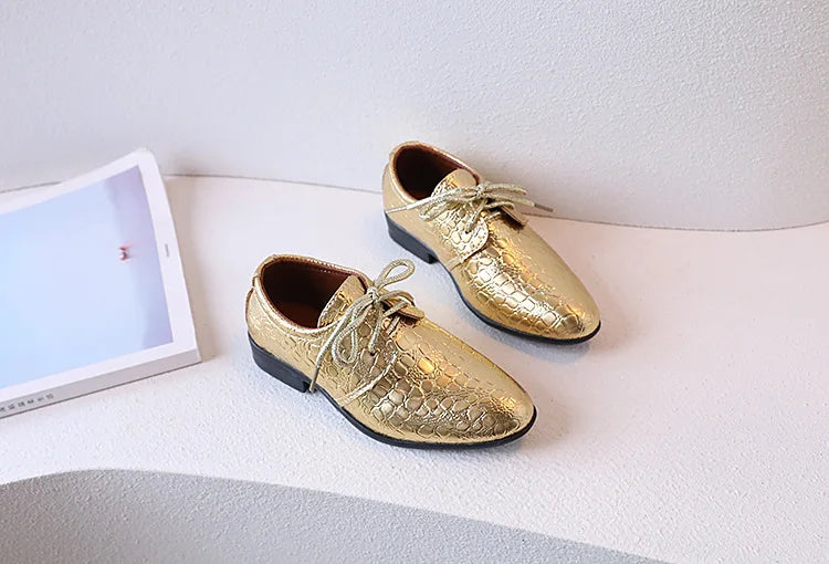 Boys Leather Shoes Pointed Toe Children Performance Shoes Low Heels British Style School Kids Shoes Gold Lace Up Casual Loafers