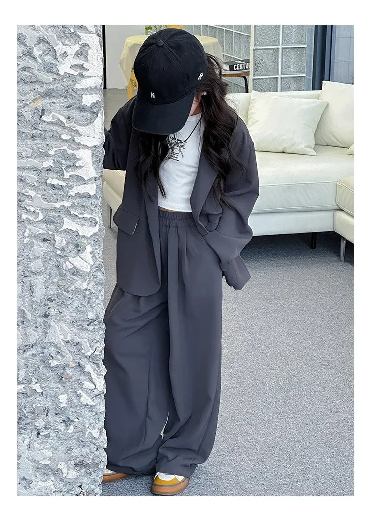 Girls Blazer Set Spring Autumn Fashion Loose Fit Jacket Trousers 2-Piece Kids Casual Outfit Trendy School Children Clothes Suit