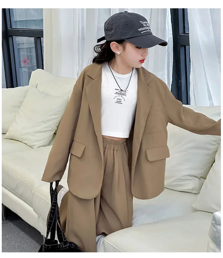 Girls Blazer Set Spring Autumn Fashion Loose Fit Jacket Trousers 2-Piece Kids Casual Outfit Trendy School Children Clothes Suit