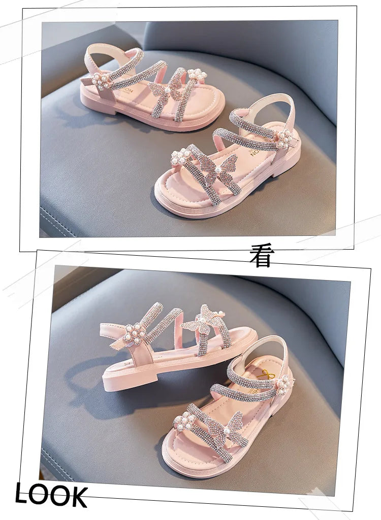 Little Girl's Sandal Summer Kids Princess Sandals Children Soft-soled Beach Sandals fit 2-13Years Old Kid Shoes Pink Black Beige