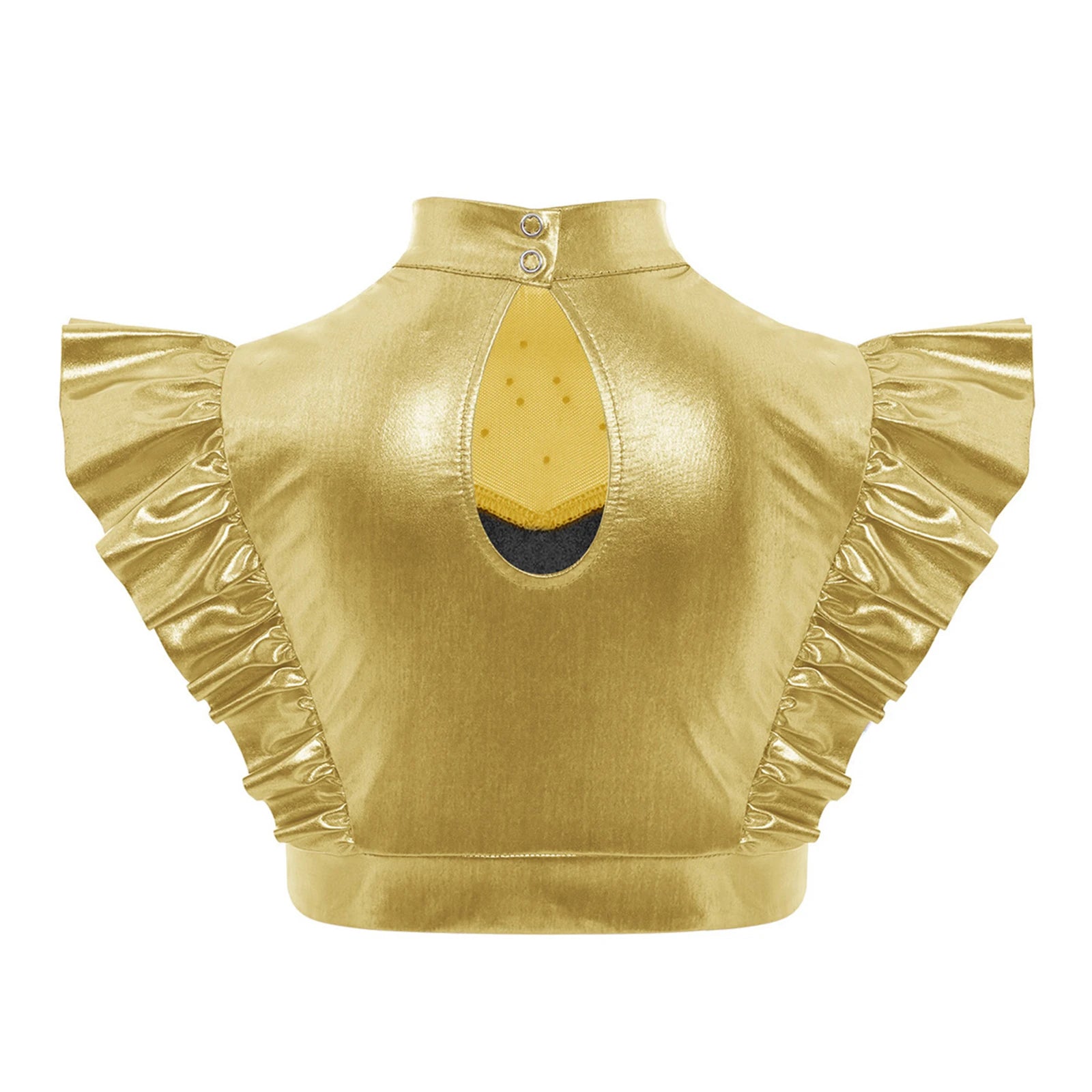 Kids Girls Metallic Shirts Party Disco Jazz Dance Tops Mock Neck Mesh Splice Shiny Rhinestone Sleeveless Ruffle Tank Crop Tops
