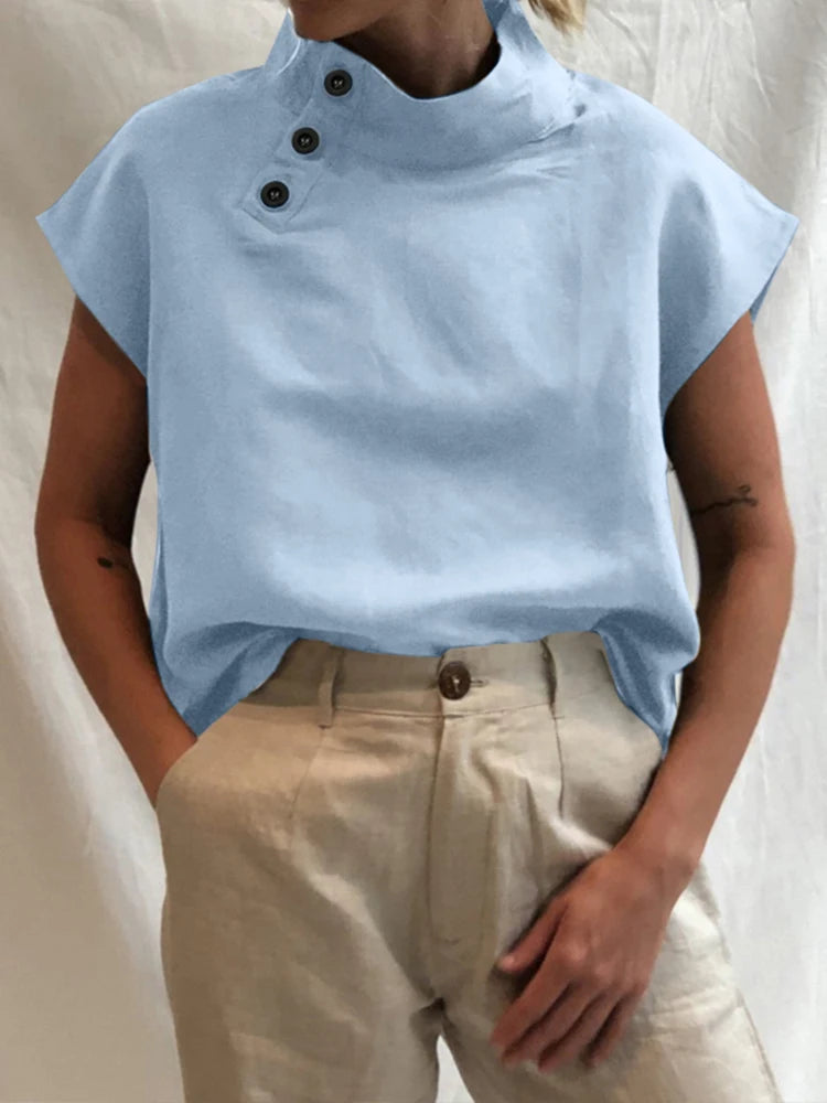 Fashion Women Blouses 2025 Summer Cotton Linen Blusas Mujer Stylish White Shirt Elegant Short Sleeve Tunics Lightweight