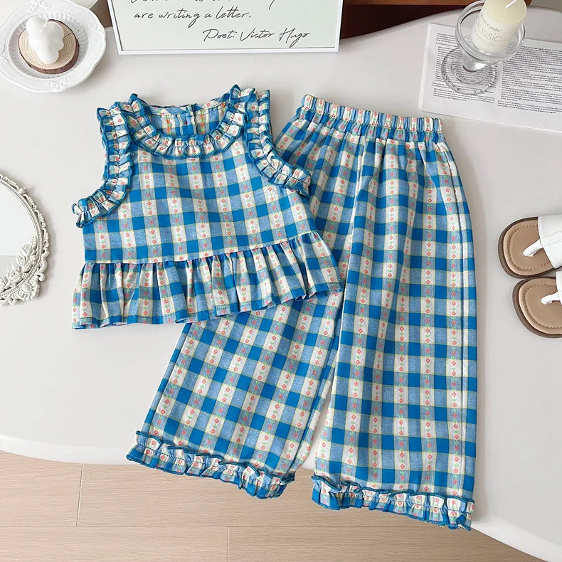 Girls 3-Piece Outfit Set – Blue Plaid Floral Sleeveless Top + Wide Leg Pants & Shorts, Summer Mix & Match Clothes