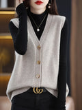 Girls Wear New Women's Loose High-End Waistcoat Knit Vest Wool V-Neck Solid Color Button Sleeveless Fashion Coat Cardigan Trend