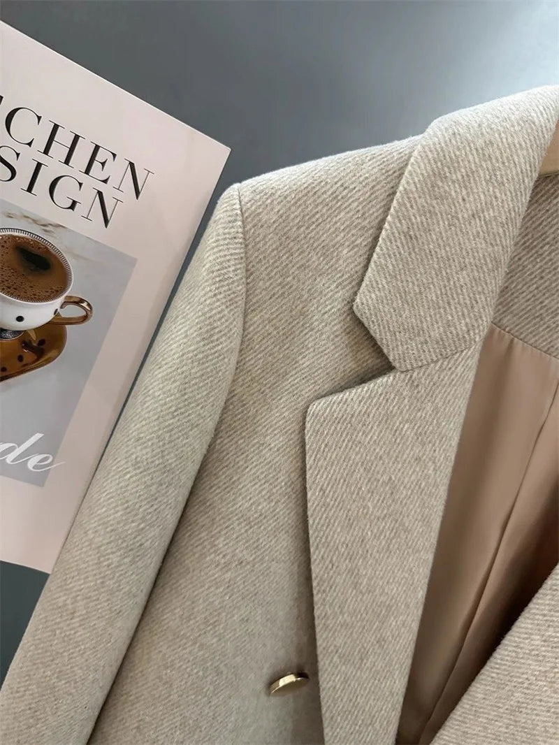 Fashion Woolen Suit Jacket Women's Vintage Blazers Double-breasted Office Coat Female Casual Outerwear Spring Autumn Streetwear