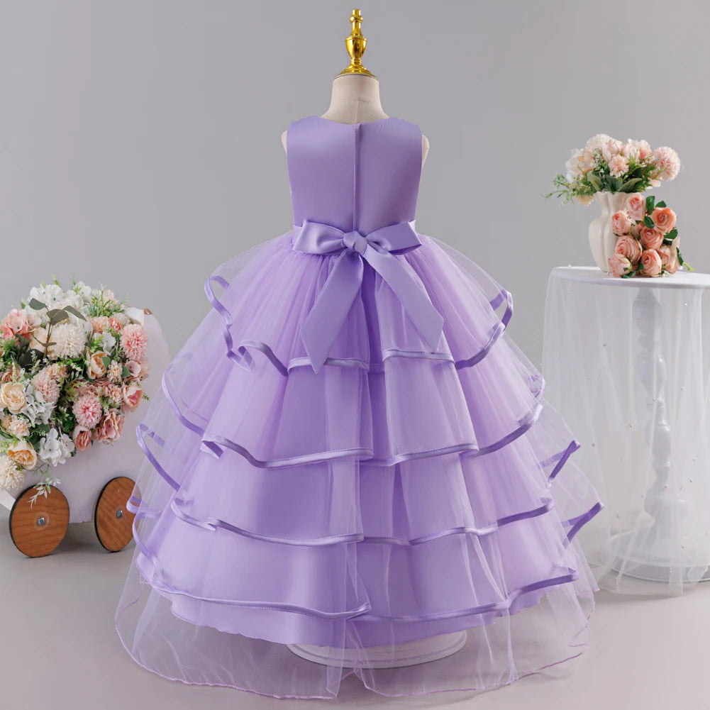 Girls Princess Dress Sleeveless Lace Embroidery Tiered Tulle Bow Formal Evening Gown for Wedding Birthday Party Christmas