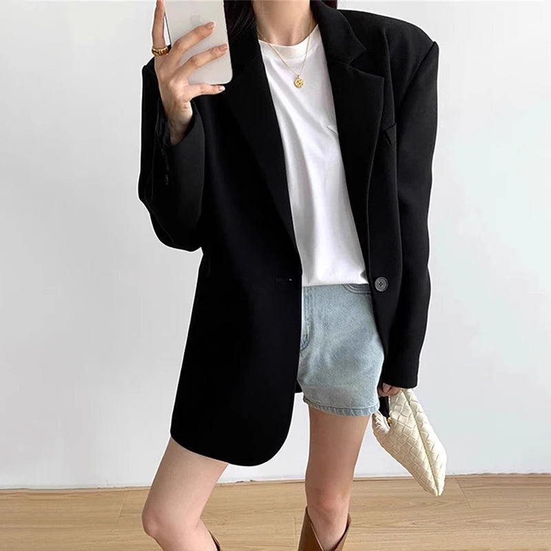 High-End Black Blazers for Women Spring Autumn Korean Chic Single Button Suit Jackets Woman Temperament Office Lady Blazer Coat