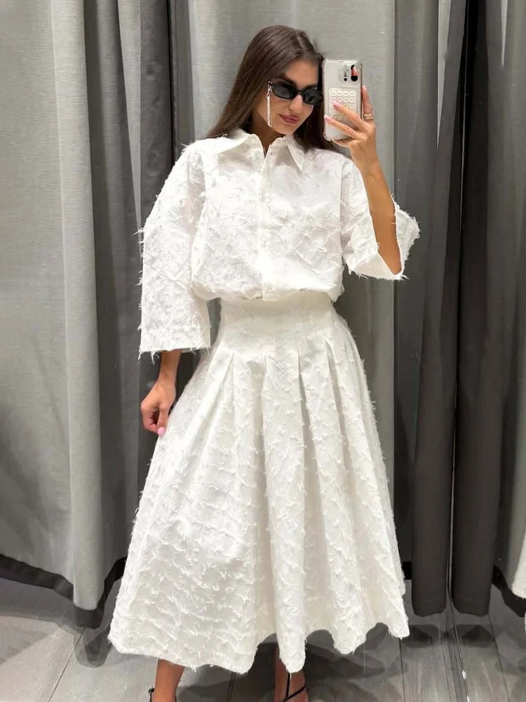 HH Women Shirt Skirt Suit Lapel Single-Breasted Tassel Decoration Casual Shirt Top+Fashion High Waist Zipper Pleated Skirt