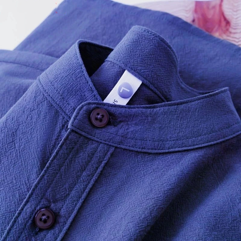 2026 Japanese Stand-up Collar Short-sleeved Shirt Men's Henry Collar Cotton Linen Round Neck Five-point Sleeve T-shirt