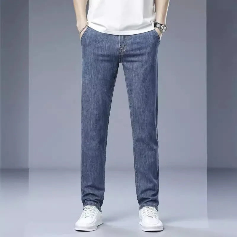 KIDWHXR Men Jean Trousers Slim Elastic Mid Waist Male Denim Pants Fashion Simple Casual Comfortable Man Straight-leg Pant