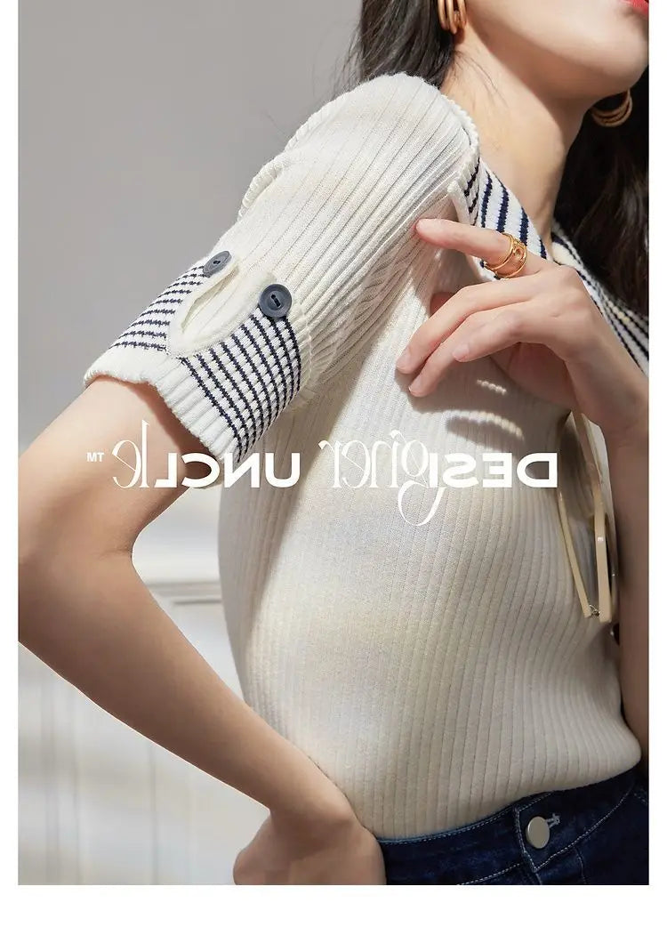 Women's T Shirts Polo Neck Shirt Top Short Sleeve Tee Clothes White Striped Cute Offer Premium With Collar Polyester Sale