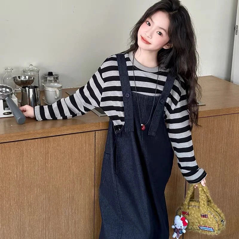 Girls 2 Piece Outfit Korean Style Kids Striped Long Sleeve T-shirt + Loose Denim Overalls Set Spring Autumn Children's Clothing