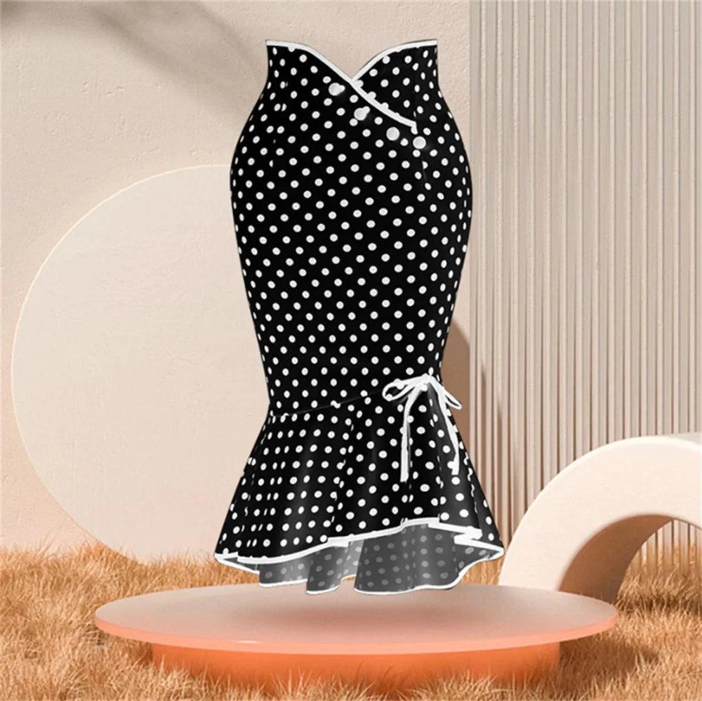 2025 Midi Skirt Womens Ruffles Bodycon Fishtail Skirt Retro Polka Dot Casual Party Pencil Skirt Midi Wrap Skirt Plus Size Skirts