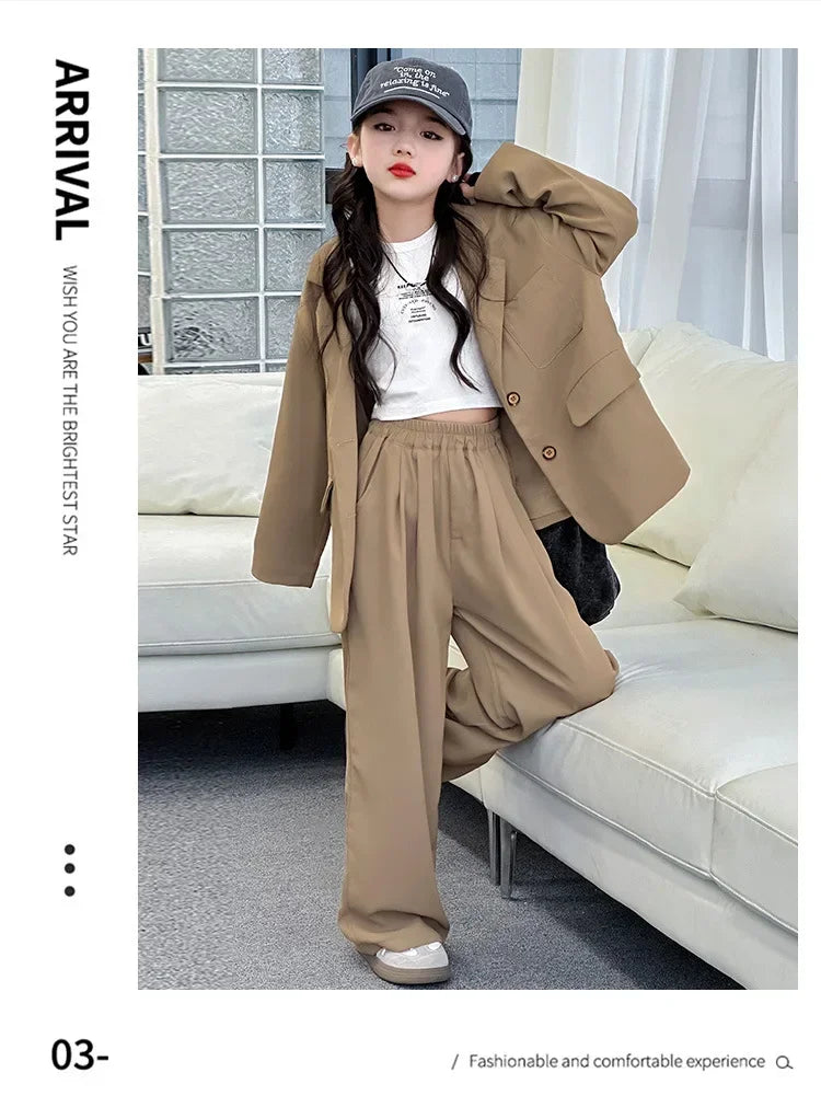 Girls Blazer Set Spring Autumn Fashion Loose Fit Jacket Trousers 2-Piece Kids Casual Outfit Trendy School Children Clothes Suit