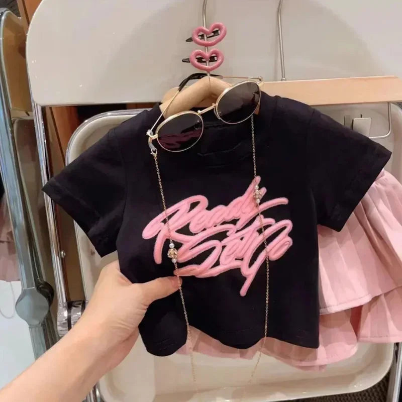 Girls Summer Clothes Girls Clothes 2 To 8 Years Cute Girls' 2-Piece Set with 3D New Letter Top and Ruffle Skirt for Summer