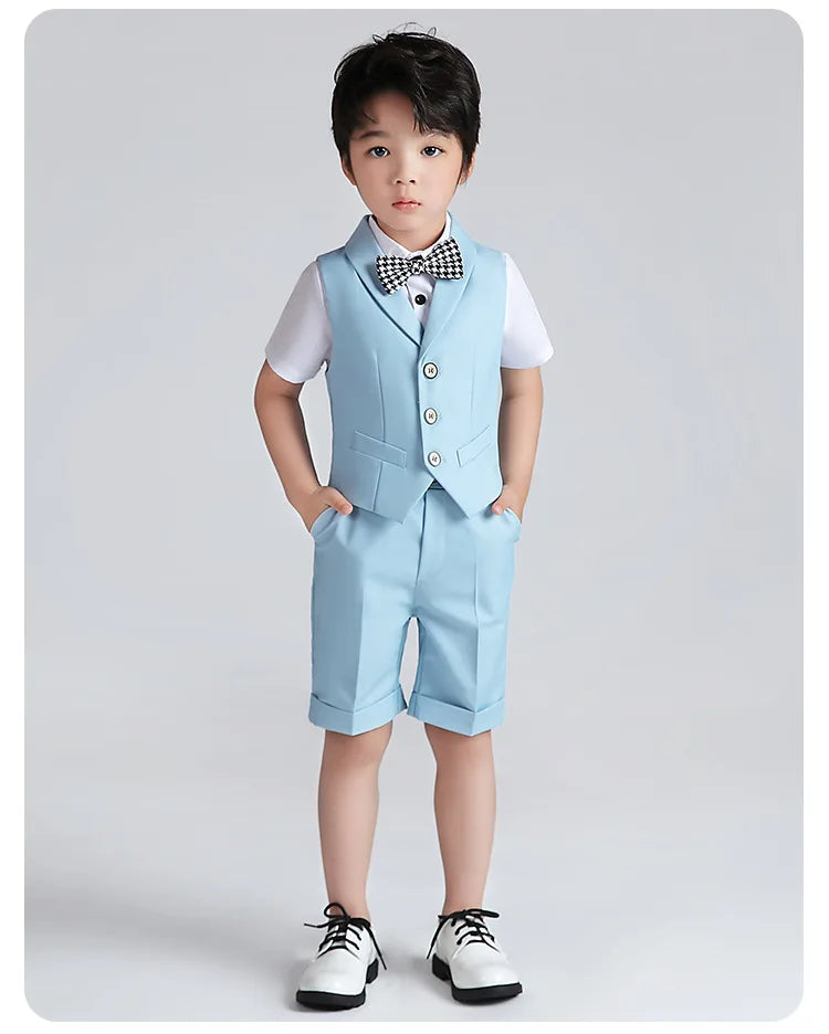 Boys Summer Vest Shirt Shorts Formal Dress Kids Candy Color Waistcoat Wedding Clothes Sets Child Uniforms Toddler Tuxedo Costume