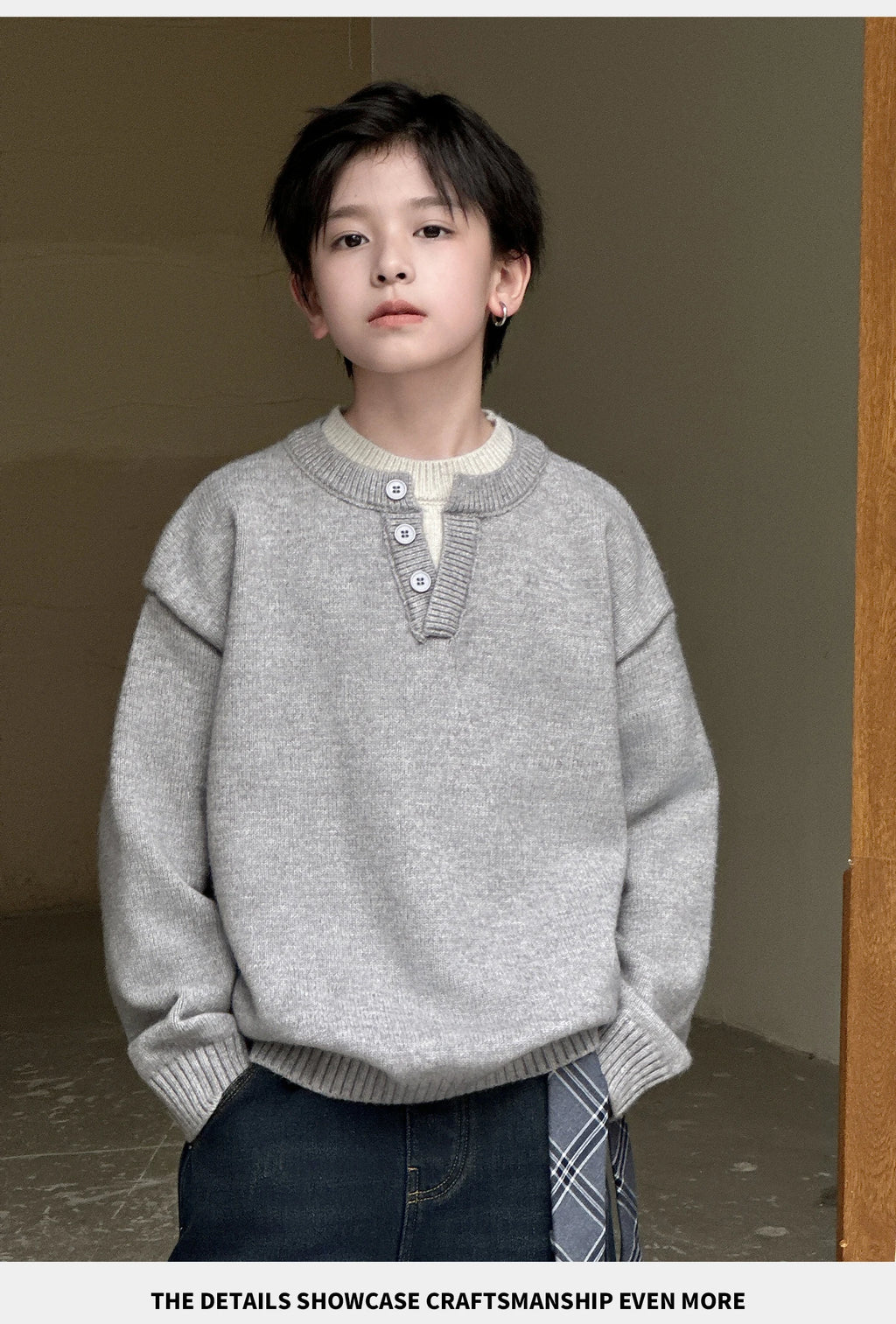 Child Minimalism Style V-Neck Sweater for Tween Boy Beige Grey Color Knitwear Korean Kids Spring Autumn Casual Knitted Clothing