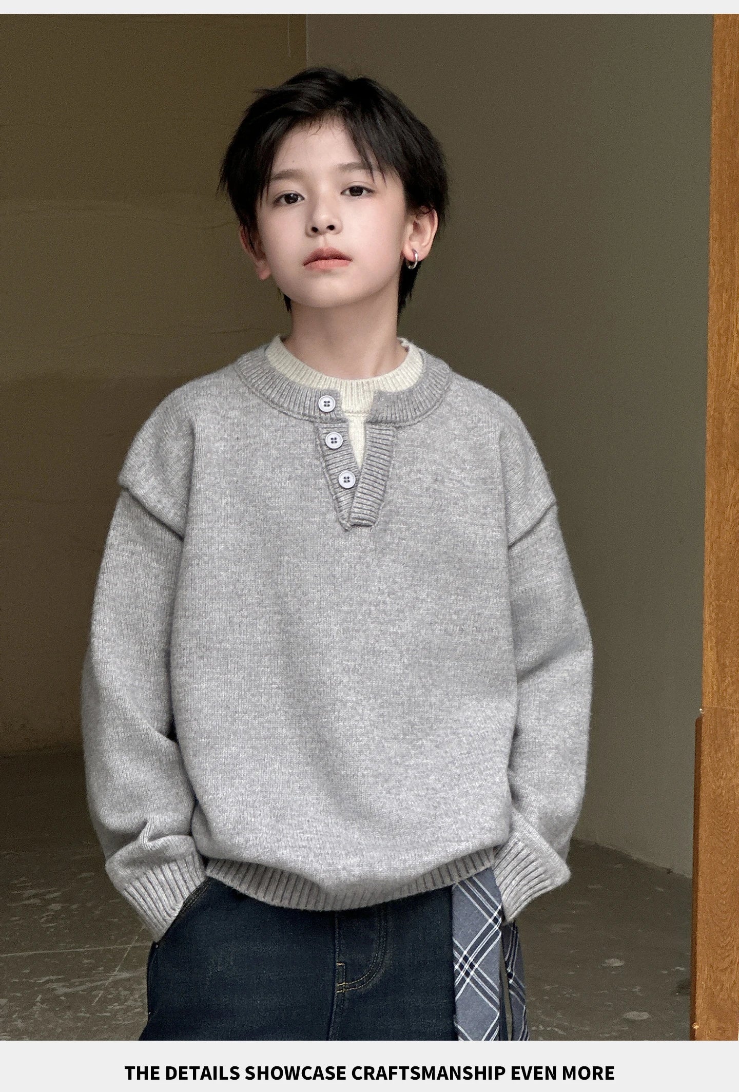 Child Minimalism Style V-Neck Sweater for Tween Boy Beige Grey Color Knitwear Korean Kids Spring Autumn Casual Knitted Clothing