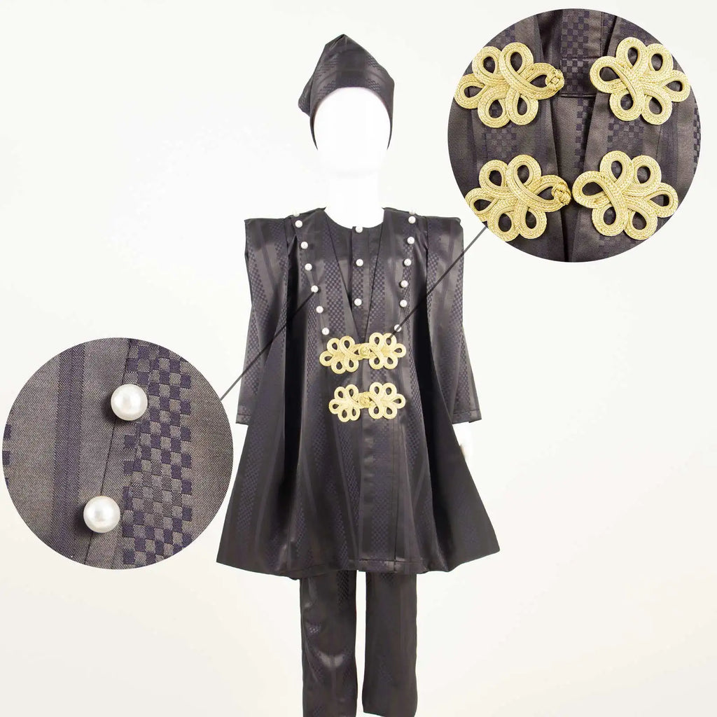 African Boy Outfit Bazin Riche Muslim Jacquard 4 Pieces Sets Tee Pant Robes and Cap Kids Children Suits Agbada Outwear Y234017