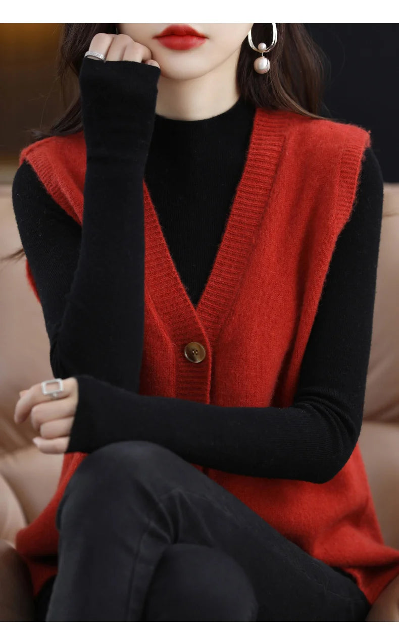 Girls Wear New Women's Loose High-End Waistcoat Knit Vest Wool V-Neck Solid Color Button Sleeveless Fashion Coat Cardigan Trend
