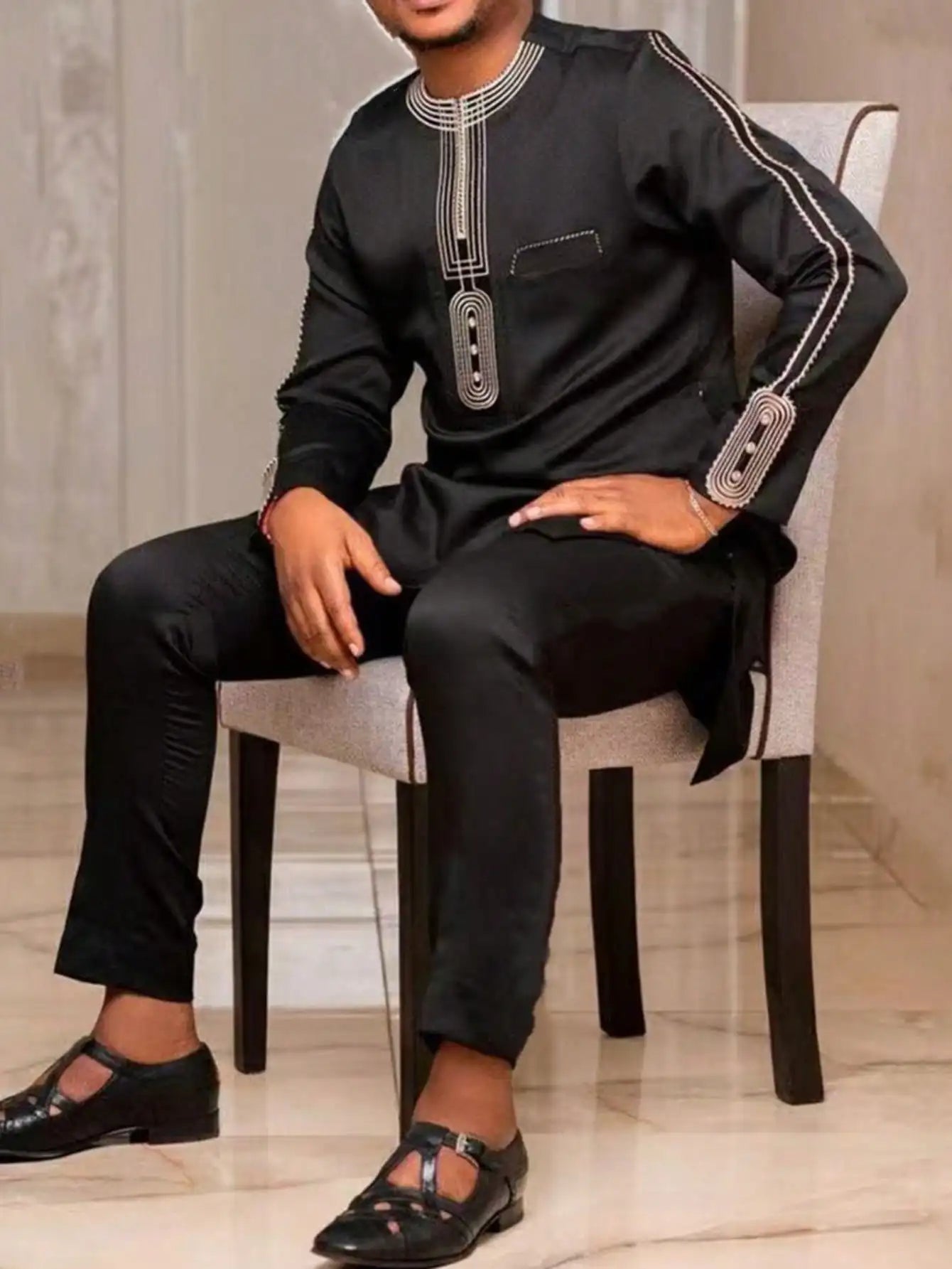 African Traditional Men Suit Printed Shirt Top Elastic Waist Pants White Wedding 2 Piece Set Outfits Ethnic Style Costumes