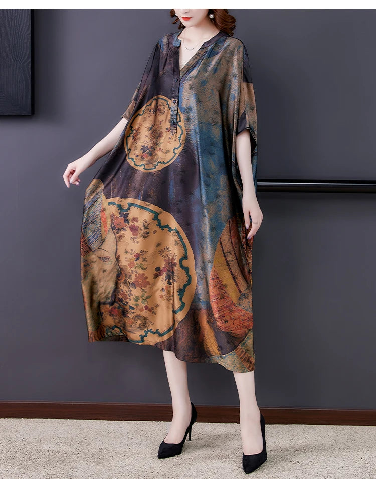Mulberry Silk Dresses Women's New Summer Long Dress Female Fashion Loose V- Neck High-End Print Pullover Dresses