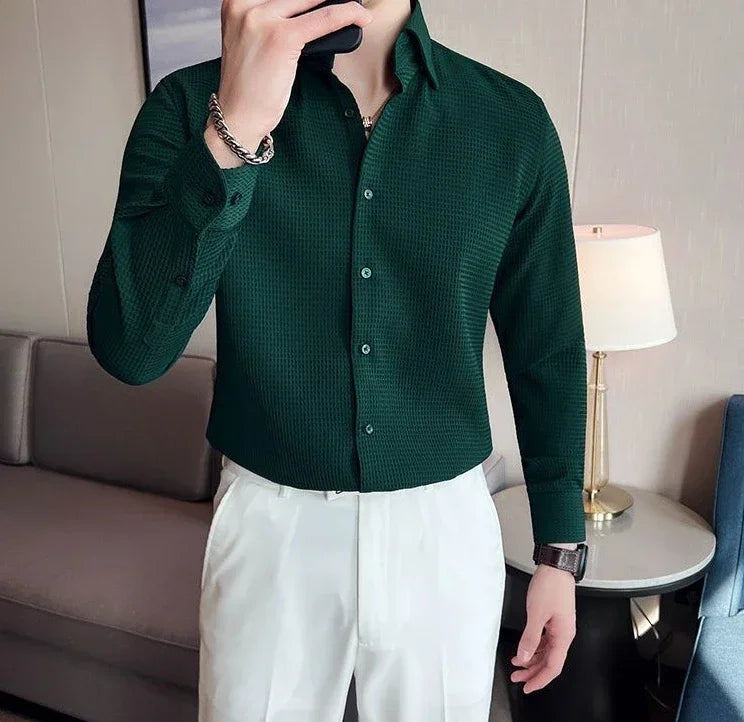 Male Shirts Green Plain Men's Shirt Business Waffle Designer Fashion 2025 Hipster Regular Elegant Slim Fit Cheap Brand Social I