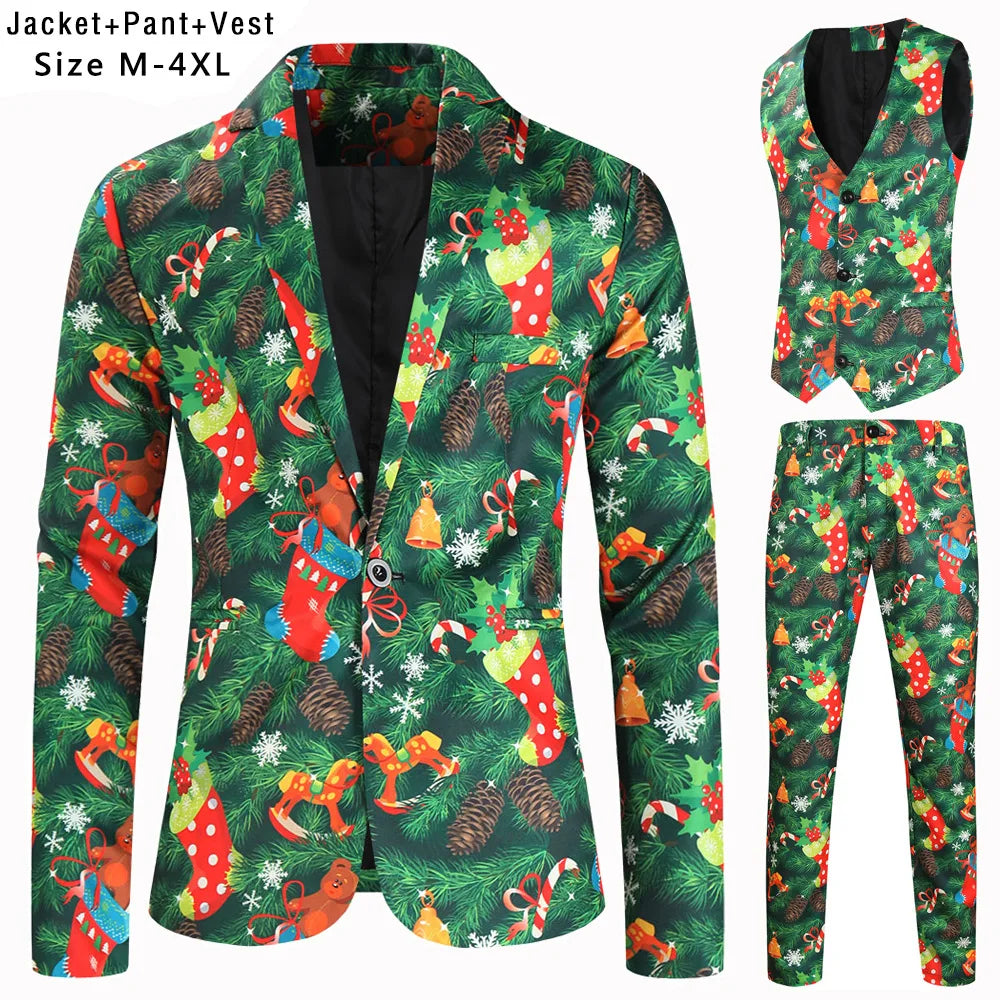 New Men's 3 Piece Christmas Sets Blazers+Vest+Pants 2026 Xmas Printed Men Suit Set Party Stage Dress Up Style Costume Streetwear