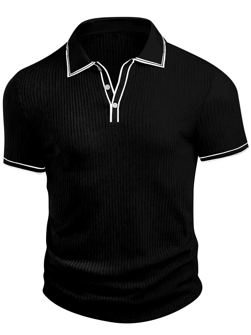 Men Ribbed Knit Polo Shirt Short Sleeve Turn Down Collar Contrast Trim Button Placket Slim Fit Casual Top