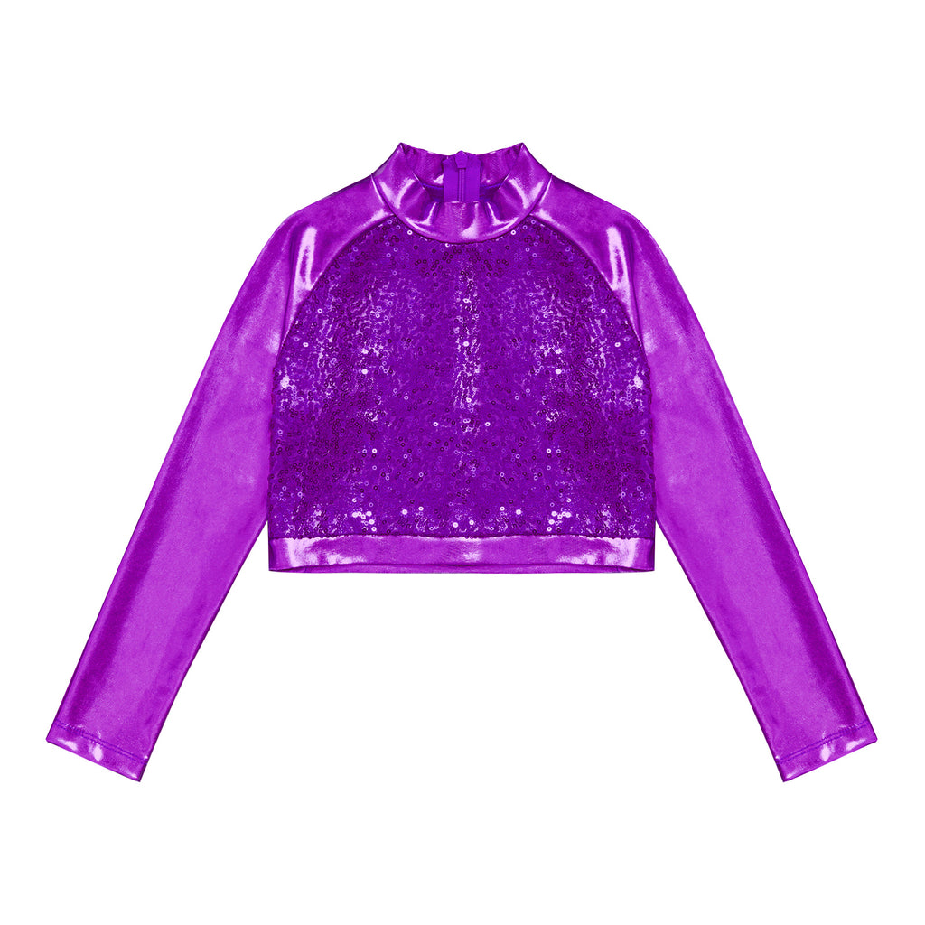Kids Girls Shiny Metallic Crop Top Mock Neck Long Sleeve Front Sequin Fully Lined Athletic T-Shirts Jazz Hip-hop Dance Tops