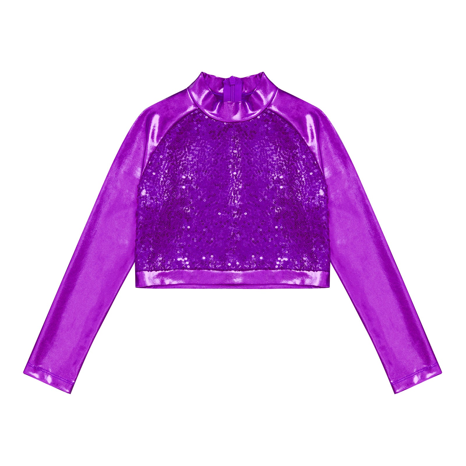 Kids Girls Shiny Metallic Crop Top Mock Neck Long Sleeve Front Sequin Fully Lined Athletic T-Shirts Jazz Hip-hop Dance Tops