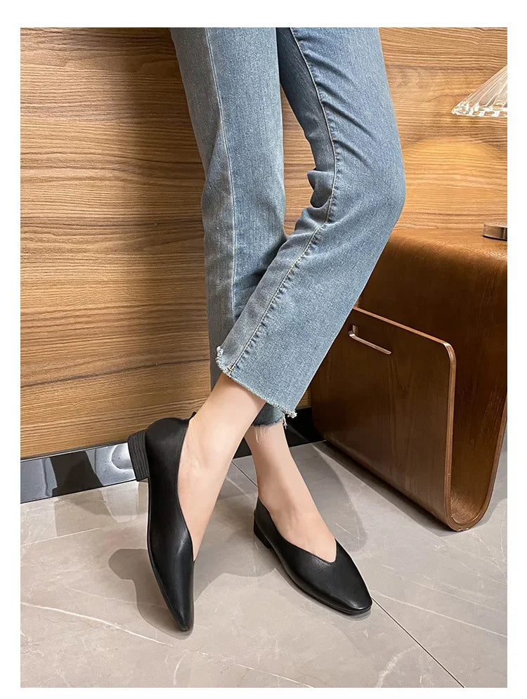 Genuine Leather Multi-color Low-heeled women's Shoes  Round Toe Flat Bottom Shallow Cut Single Shoe Casual Versatile Loafers