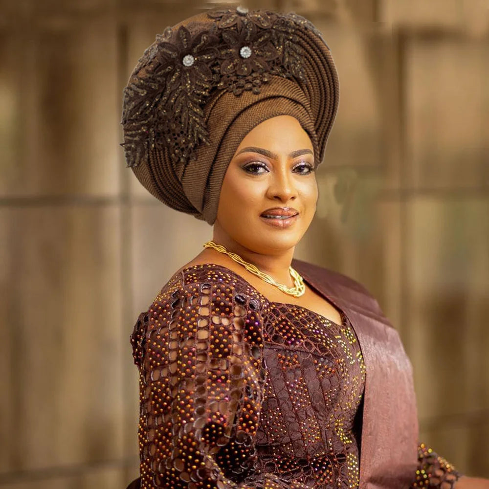 Elegant African Autogele Women's Turban Cap Nigeria Wedding Gele Ready to Wear Headtie with Embroidery Lace Party Headwear