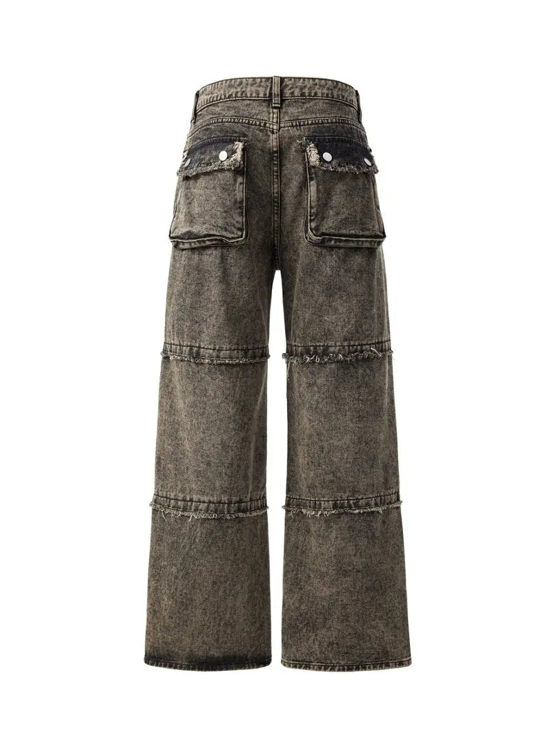 American-style high street heavy-duty workwear jeans for men, distressed with frayed edges, wide-leg, trendy and rugged long pan