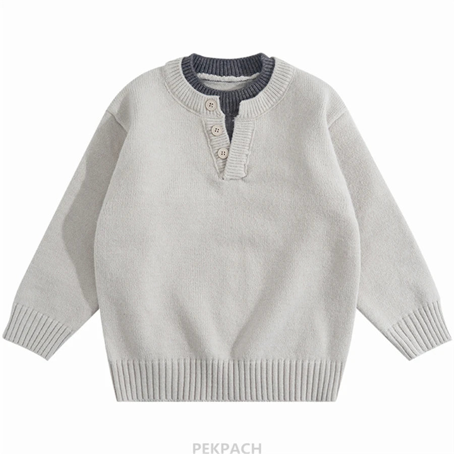 Child Minimalism Style V-Neck Sweater for Tween Boy Beige Grey Color Knitwear Korean Kids Spring Autumn Casual Knitted Clothing