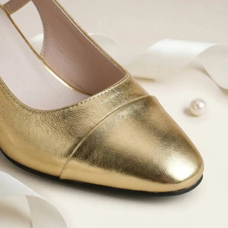 Mary Jane Colorful Leather Single Shoes Female Round Toe Back Empty Buckle Strap Women’s Sandals 7cm Chunky High Heels Office DE